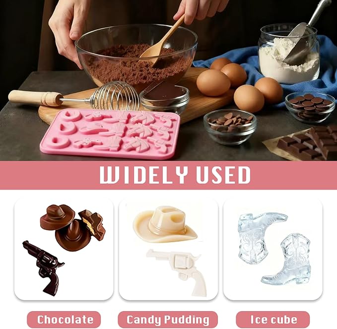 2 Pack Cowboy Chocolate Molds, Western Theme Silicone Mold Baking with Cowboy Hat, Cowboy Boot and Horse, Suitable for Making Chocolate, Candy, Cakes, Cupcakes, And Cookies Soaps (Pink and Blue-2PCS)