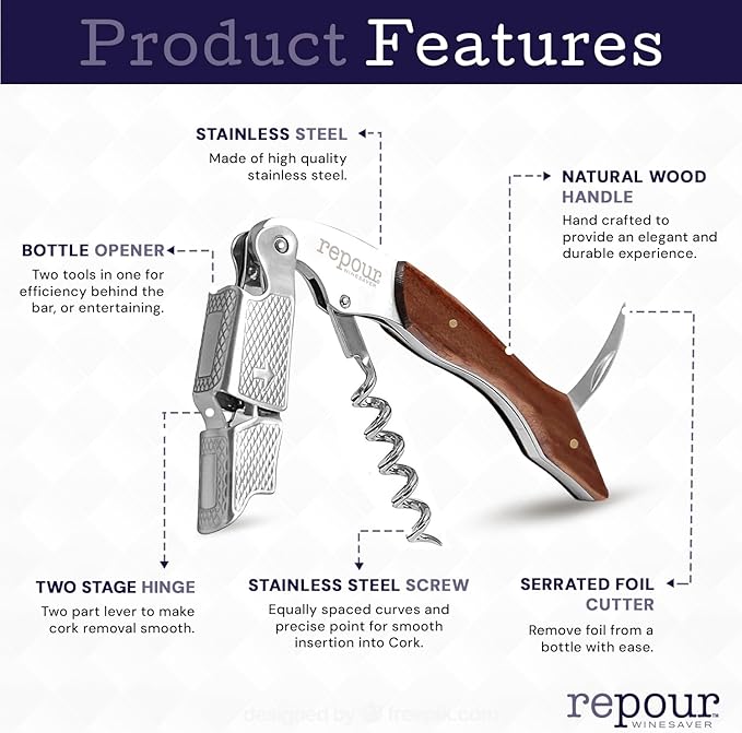 Repour 3 in 1 Corkscrew- Professional Wine Bottle Opener with Serrated Foil Cutter and Bottle Opener- Manual Wine Key for Bartenders, Servers, Waiters, and Wine Enthusiasts (Rosewood)