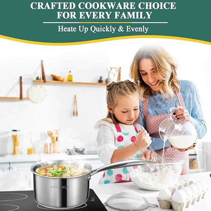 DELARLO Stainless Steel Small Brushed Saucepan With Lid, Induction Cooking Sauce Pot Pans, 18/8 Tri-Ply Heavy Bottom Saucier Cookware, Dishwasher Safe & Oven Safe(2 Quart)