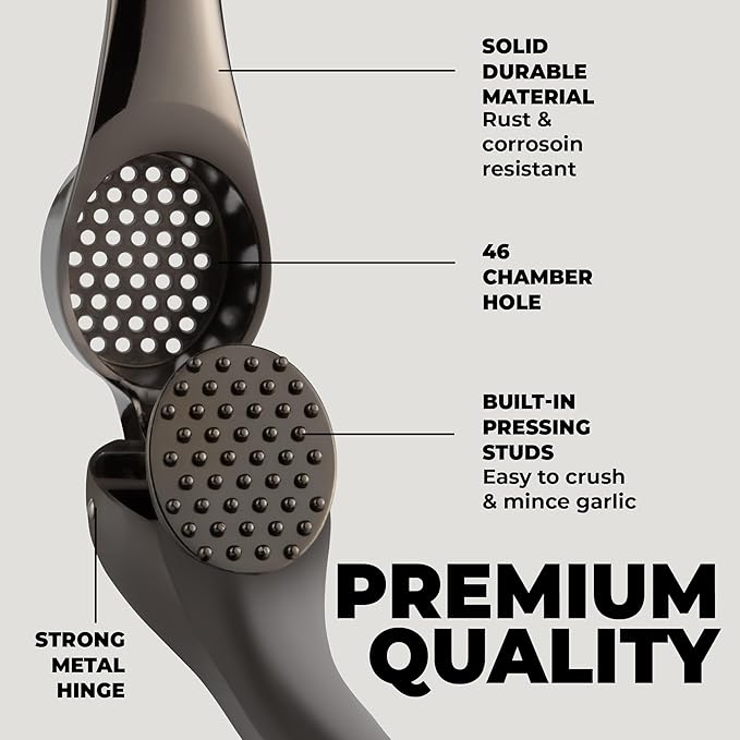 Zulay Kitchen Premium Garlic Press Set – Rust Proof & Dishwasher Safe Garlic Mincer Tool with Silicone Garlic Peeler & Brush, Easy Squeeze & Clean, Ergonomic Soft Grip Handle - Medium – Dark Gray