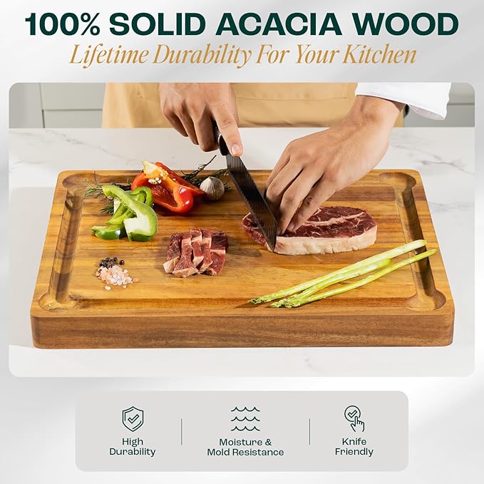Yes4All Durable Acacia Cutting Boards for Kitchen, [20''Lx15''Wx1.5” Thick] Large Edge Grain Cutting Board, Pre Oiled Wood Cutting Boards, Thick Chopping Board w/Juice Grooves and Easy Grip Handle
