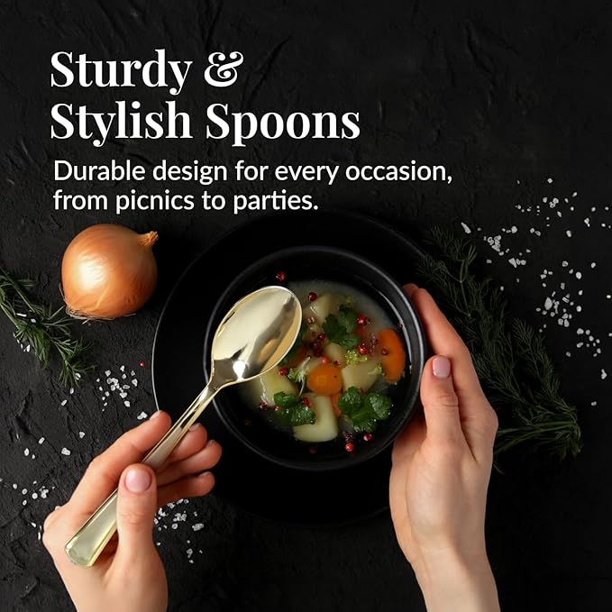 Prestee Gold Plastic Spoons, 300 Pc, Disposable Spoon Cutlery Flatware Pack for Party, Wedding Events, Sparkle & Glamour - Plastic Utensil Set for Parties, Events and Everyday Use