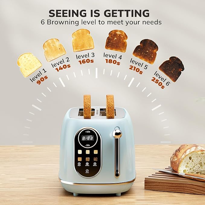 Keenstone Smart Touch Screen Toaster 2 Slice, Retro Wide Slot Stainless Steel Toaster with 6 Browning Levels, Reheat & Defrost, for Bagel, Toast, Bread, Removable Crumb Tray, Blue