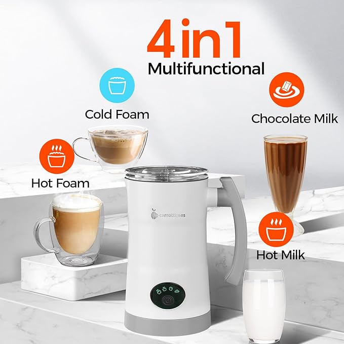 Milk Frother, 4-in-1 Electric Milk Steamer, 11.8oz/350ml Large Capacity for Auto Warm/Cold Foam, Heating Milk for Coffee, Latte, Macchiato, Cappuccino, Hot Chocolate (White)