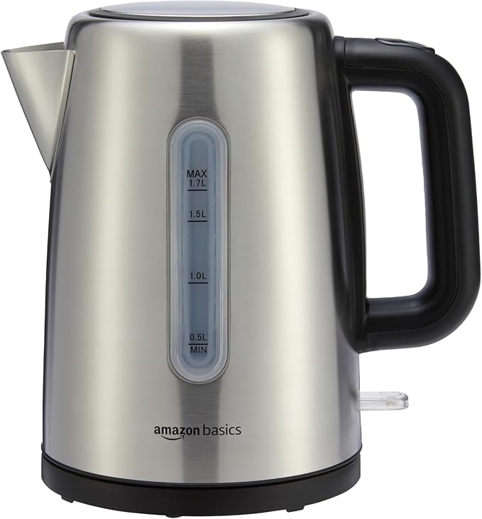 Amazon Basics Electric Stainless Steel Kettle for Tea and Coffee, BPA-Free, Fast Boiling, Auto Shut-Off, 1.8 Quarts, 1500W, Black and Silver