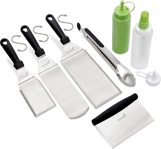 Metal Spatula and Scraper Set - Griddle Accessories kit - Grill Tongs Flat Spatula Pancake Flipper Hamburger Turner Squeeze Bottles Set - Metal Utensil Great for BBQ Grill Flat Top Cast Iron