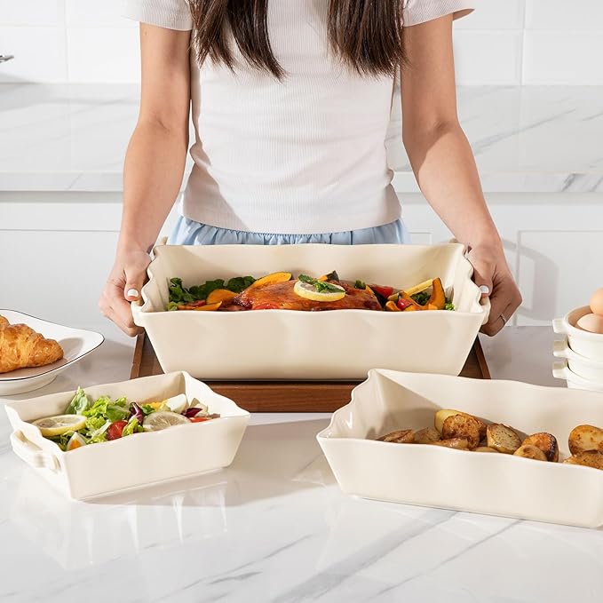Sweejar Casserole Dishes for Oven, Ceramic Bakeware Set of 3, Rectangular Baking dish with Handles, Wave Edge Lasagna Pan Deep for Cooking, Cake, Dinner, Banquet and Daily Use (Beige)