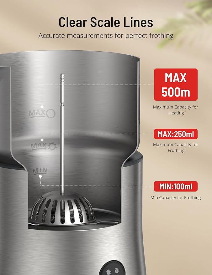 PARIS RHÔNE Milk Frother and Steamer, 4-in-1 Detachable Milk Steamer, 500ml Hot Chocolate Maker and Milk Warmer with Hot & Cold Foam, Dishwasher Safe, All Stainless Steel