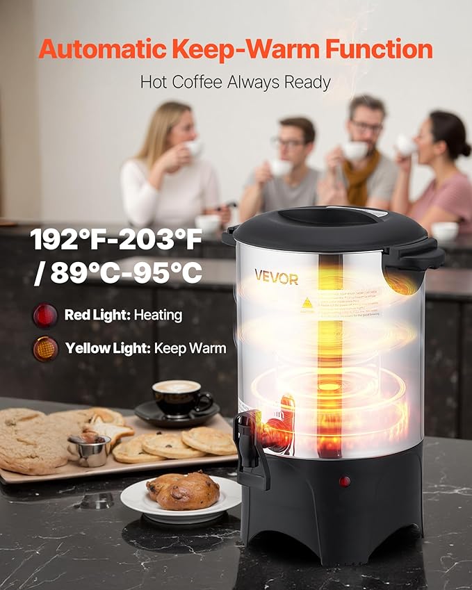 VEVOR Commercial Coffee Urn, 30 Cup 4.5 L Hot Beverage Dispenser with Dripless Faucet, Quick-Brewing Commercial Coffee Maker with Stainless Steel Liner, for Catering, Business, Church & Restaurant