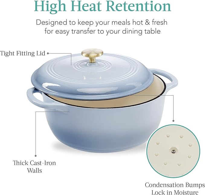 Best Choice Products 7.5 Quart Enamel Cast-Iron Round Dutch Oven, Family Style Heavy-Duty Pre-Seasoned Cookware for Home, Kitchen, Dining Room, Oven Safe w/Lid, Dual Handles - Cornflower Blue