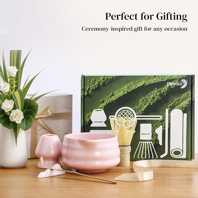 DOWAN Matcha Whisk Set, 7 Pcs Matcha Set Includes Bowl with Spout, Whisk and Holder, Bamboo Scoop and Holder, Sifter and Tea Towel - 7 Pcs Matcha Kit Gift for Lovers Beginners, Christmas (Pink)