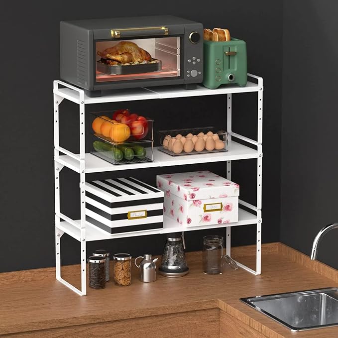 Expandable Kitchen Cabinet Shelf Organizers 3 Pack, Stackable Metal Pantry Storage Shelves Rack, Adjustable Counter Shelf for Cabinets, Countertop, Cupboard Organizers and Storage, White