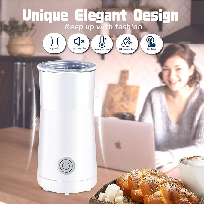 Simple Milk Frother, 2 in 1 Milk Steamer and Frother, Electric Milk Steamer, Milk Warmer and Hot Milk Foam Maker for Latter, Macchiato, Cappuccinos (White)