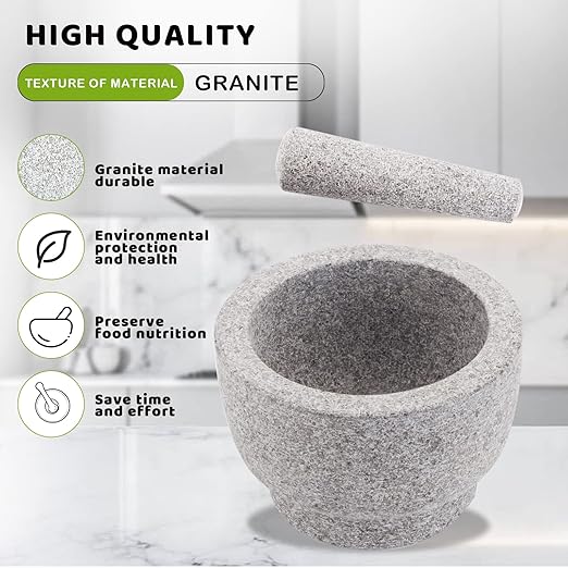 Mortar and Pestle Set,Heavy Duty,Unpolished Granite,6 Inch-2Cup Capacity,Grinder for Spices and Seeds,Grinding,Crushing and Mashing Spices,Nuts,for Guacamole,Garlic Sauce,Gray.