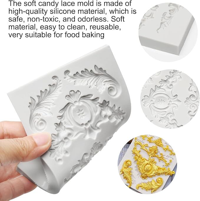 4 Pcs Baroque Style Silicone Molds Curlicues Scroll Lace Fondant Molds Relief Flower Mould Filigree Mold 3D Sculpted for Gummy Sugar, Cupcake Topper, Polymer Clay, Crafting Projects