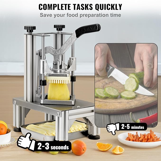 VEVOR Commercial French Fry Cutter with 4 Replacement Blades, 1/4" and 3/8" Blade Easy Dicer Chopper, 6-wedge Slicer and 6-wedge Apple Corer, Lemon Potato Cutter for French Fries with Extended Handle