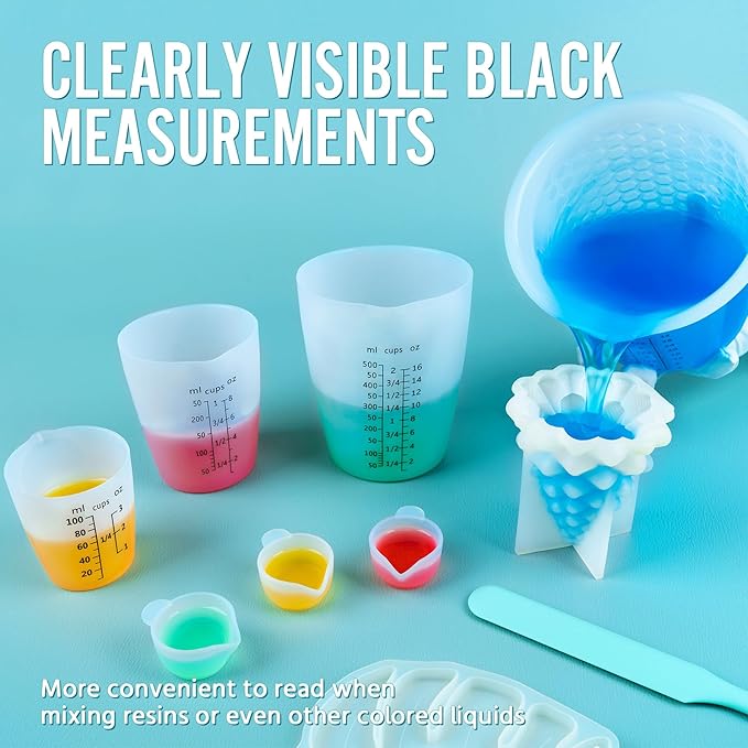 Silicone Resin Mixing 1L Measuring Cup Set for Resin Supplies, Easy-to-Read Marks, 1000ml/32oz Large Cup, 500&250&100ml Thickened Reusable Silicone Cups for Epoxy Mixing, Jewelry Making