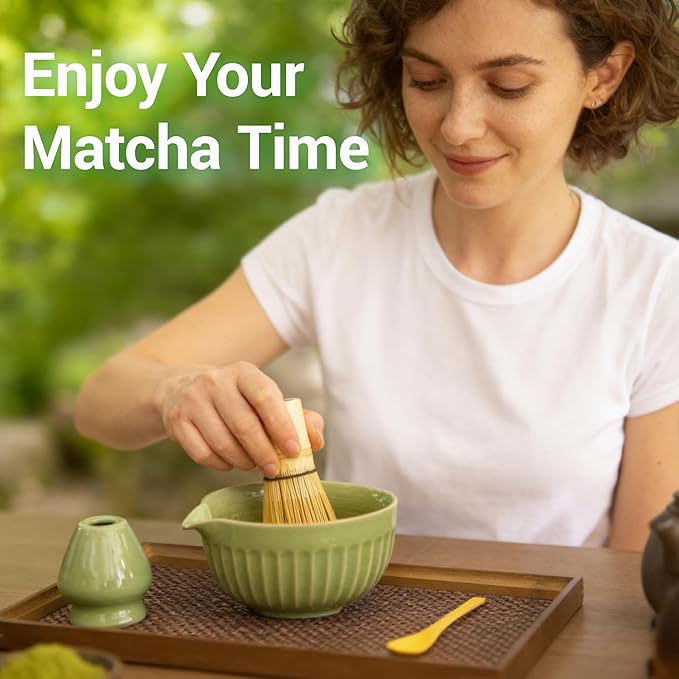 Matcha Whisk Set, Matcha Starter Kit for Tea Ceremony, Ceramic Matcha Bowl with Spout, Bamboo Whisk, Scoop, Ceramic Holders, Stainless Sifter, Towel, 7pcs Japanese Tea Making Tools (Green)