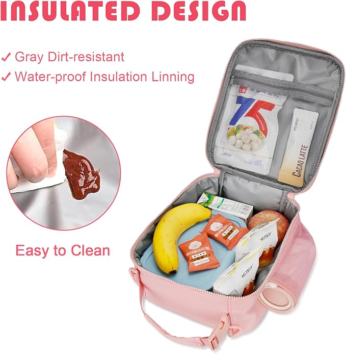 Initial Insulated Lunch Bag for Girls Kids, Back to School Gift, Reusable Leak-proof Lunch Box with Adjustable Strap for School Daycare Travel Picnic (Pink,D)