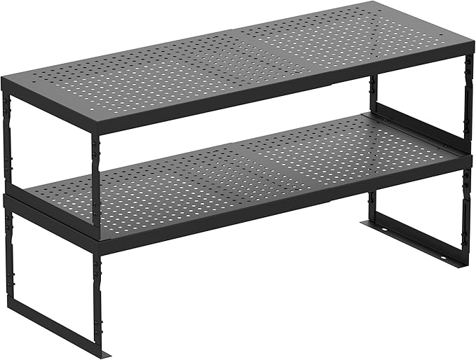 Stackable Expandable Metal Shelf Organizer - Adjustable Wire Storage Rack with Holes for Kitchen, Bathroom, Cabinet, Office - Space Saving, Durable & Sturdy Design（2PACKS/Large/Black
