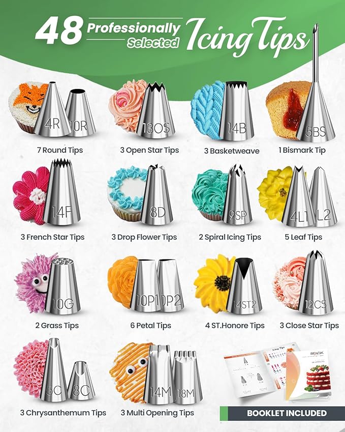 RFAQK 74 PCs Icing Piping Bags and Tips Set, Cake Decorating Kit with 48-Numbered Piping Tips, 20+1 Pastry Bags for Cookie Cupcake Cake Decoration, with Booklet and E-book (Green)