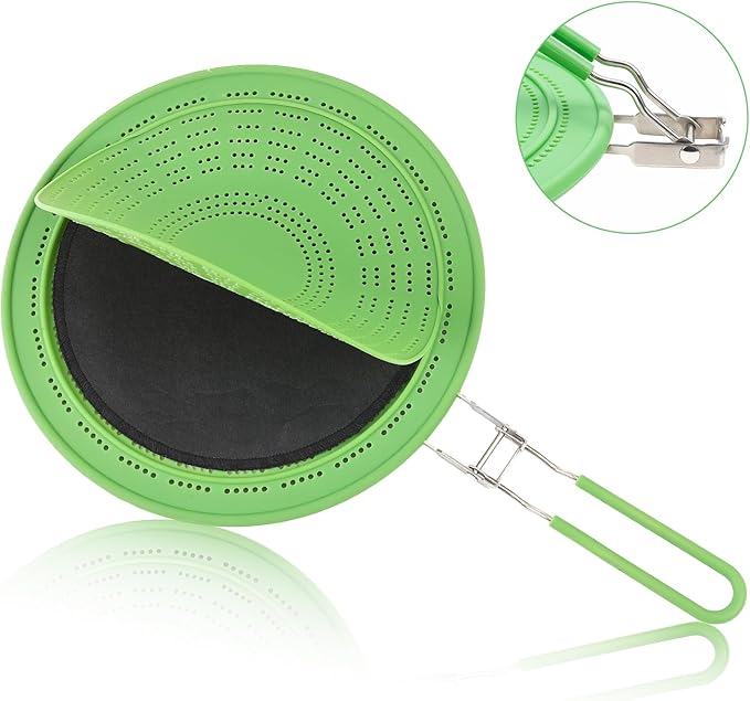 11" Multi-Functional Silicone Splatter Screen with Foldable Handle | 3-in-1 Activated Carbon Filter for Odor Absorption | Dishwasher Safe & Easy Cleaning | Fits 8-11" Pans