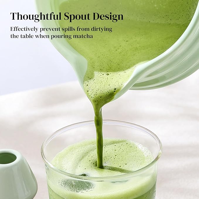 DOWAN Matcha Whisk Set, 7 Pcs Matcha Set Includes Bowl with Spout, Whisk and Holder, Bamboo Scoop and Holder, Sifter and Tea Towel - 7 Pcs Matcha Kit Gift for Lovers Beginners, Christmas (Green)