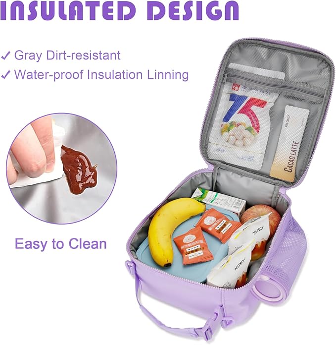Initial Insulated Lunch Bag for Girls Kids, Back to School Gift, Reusable Leak-proof Lunch Box with Adjustable Strap for School Daycare Travel Picnic (Purple,W)
