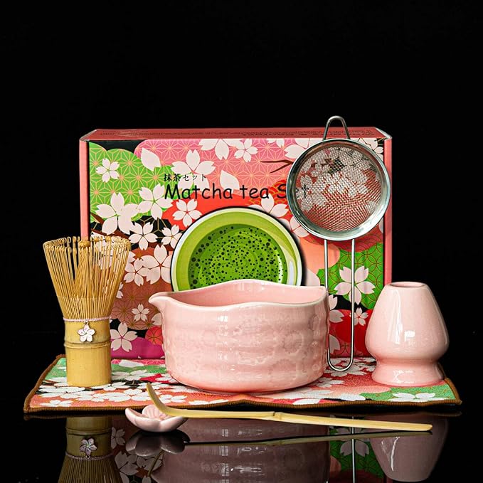 Matcha Set–7-Piece Set Including Matcha Bowl with Spout, Whisk, Chasen Holder, Sifter, Bamboo Scoop,Scoop Stand,wood spoon(Daisy Pink)–Perfect for Matcha Lovers&Tea Ceremonies