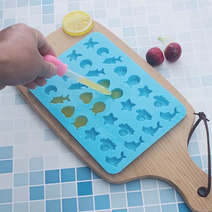 3 Pack Mini Silicone Gummy Candy Chocolate Molds Contains Small Hearts, Fruits, Marine Animal Shapes and 2 Droppers for Making Gummy, Candy, Chocolate and Small Ice Cubes