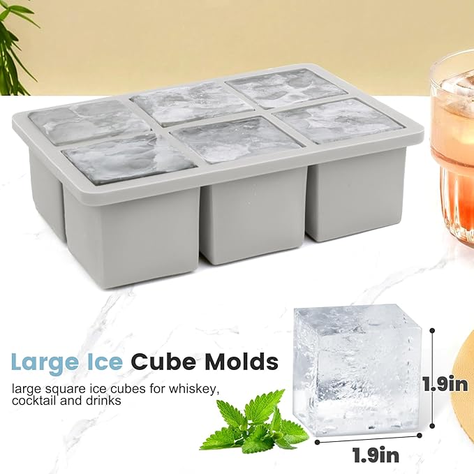 Large Silicone Ice Cube Tray 2Pack, SAWNZC Big Square Ice Cube Molds for Whisky Cocktail, Ice Maker Tray with Lid for Freezer, Easy Release (2, Grey)