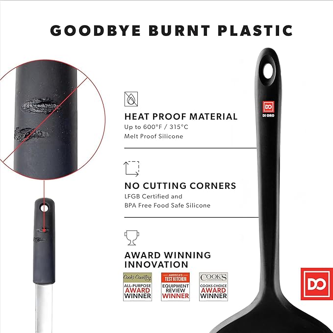 DI ORO Silicone Turner Spatula Set - Kitchen Spatulas for Nonstick Cookware - Cooking Utensils for Flipping Eggs & Pancakes - 600°F Heat-Resistant BPA Free Turners - Dishwasher Safe (4pc, Black)
