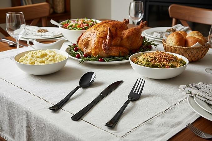 300 Pieces Of Black Plastic Silverware,Heavy Duty, 100 Forks, 100 Spoons, 100 Knives, Heat-Resistant and BPA-free Disposable Silverware,Party Supplies, High-end Utensils