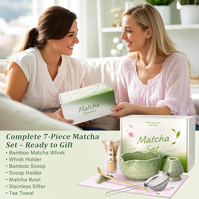 ALBISS Matcha Whisk Set - 7 Pcs Ceramic Matcha Kit with 18oz Spout Bowl & Cherry Blossom Design, Bamboo Whisk & Holder, Scoop, Rest, Sifter, Towel, Elegant Japanese Tea Gift Set for Macha Lover, Green