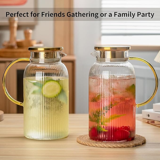 Glass Pitcher with Lid, 84oz/2.5 Liter Classic Vertical Stripes Water Pitcher,Glass Water Carafe for Cold Brew, Coffee, Lemonade, Iced Sun Tea,Beverage, Milk, Heat Resistant