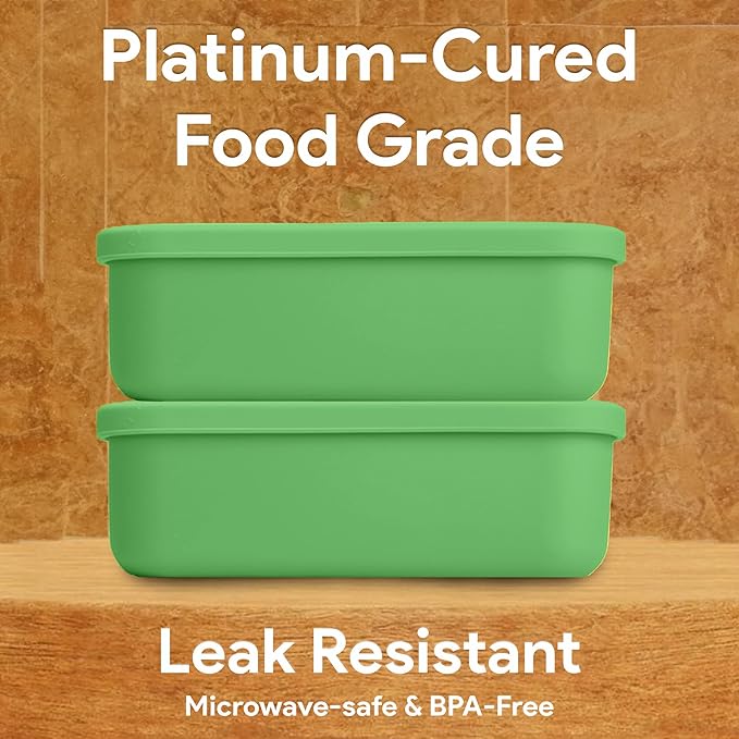 Platinum Silicone Bento Lunch Box Set of 2 – 3 Compartments, Leakproof, Versatile, Durable, Microwave & Freezer Safe, Meal Prep Container, Food Storage for All Ages (Watermelon Green)