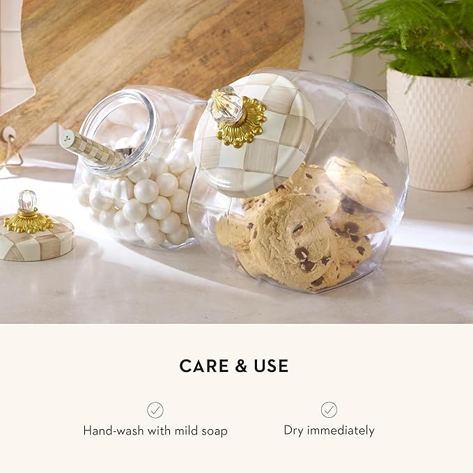 MACKENZIE-CHILDS Cookie Jar with Enamel Lid, Large Glass Treat Jar or Kitchen Jar, 1-Gallon Capacity, Brown-and-White Mocha Check