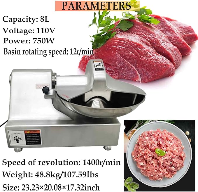 110V 8L Meat Vegetable Food Chopper Processor, Prep Food Processor, 750W Food Chopper with Partially Open Pot, Commercial Stainless Steel Blade Electric Shredder