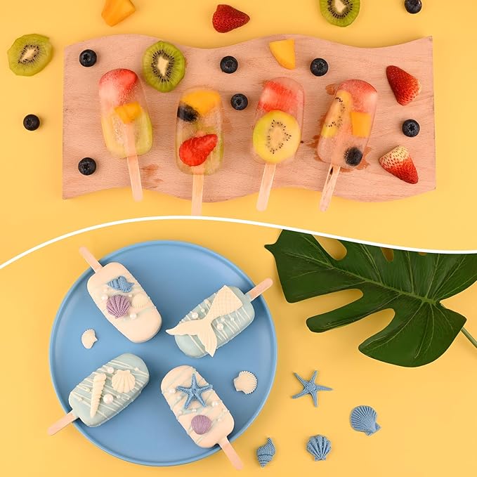 Sakolla 2 Pack Silicone Popsicle Molds, Larg Oval 4 Cavities Homemade Ice Pop Molds with 50 Wooden Sticks for Ice Cream, Cakesicles, Cake Pop (White)