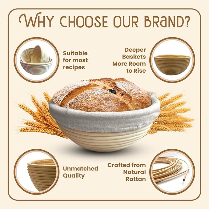 Premium Banneton Bread Proofing Baskets Set of 2 (10" round baskets) with Liners + Starter Kit - 100% Indonesian Natural Rattan Sourdough Bread Baking Tools
