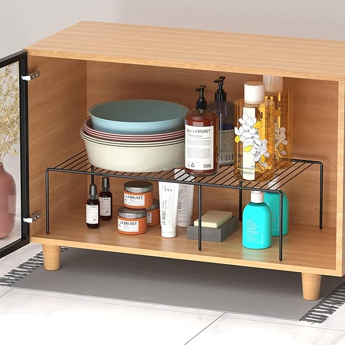 Kitchen Cabinet Expandable Shelf Organizers Set of 4, Adjustable Metal Wire Pantry Storage Shelves, Plate Dish Organizer Rack for Cabinets, Cupboard, Counter, Freezer, Countertop, Black