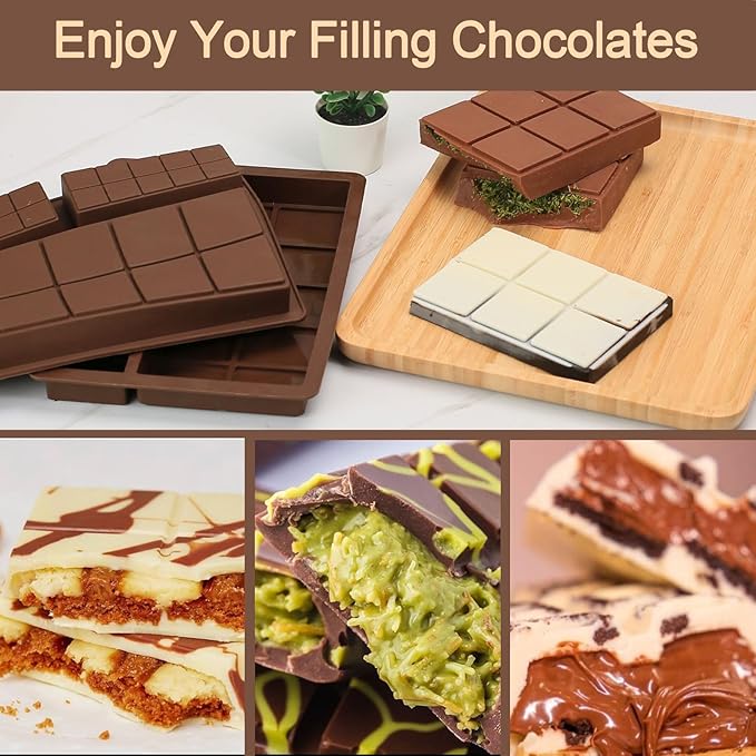 Chocolate Bar Mold, 1 Inch Deep Chocolate Molds Silicone for Homemade Dubai Pistachio/Candy/Snacks, 2 Pcs Large Silicone Molds with Three Bars Cavities, Food Grade and Break Apart
