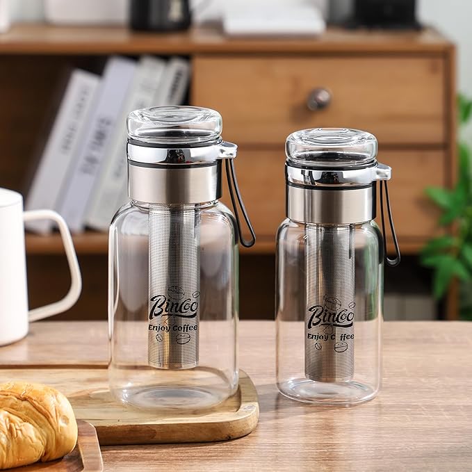 Glass Cold Brew Coffee Maker with Extended Fine Mesh Filter, Tea Infuser Bottle Iced Coffee Maker with Thick Borosilicate Glas