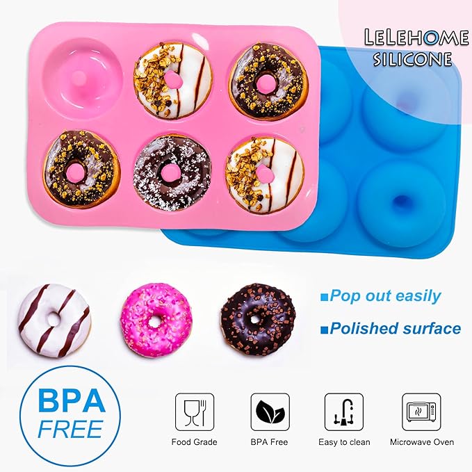 LeLehome 2PCS Donut Molds Pan, Silicone Non-Stick Donut Maker for Doughnut Baking Semi Sphere Cake Bread 6 Holes Bakeware Kitchen Tools, Pink & Blue