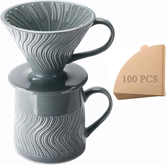 Pour Over Coffee Maker with 100 Sheets of V60 Paper Filter, 15 oz Ceramic Coffee Mug & Coffee Dripper, 1 Cup-Single brew coffee set, Grey