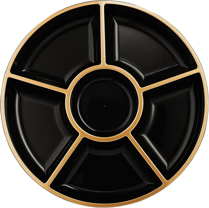 Plasticpro 6 Sectional Round Plastic Serving Tray/Platters Black & Gold Pack of 8