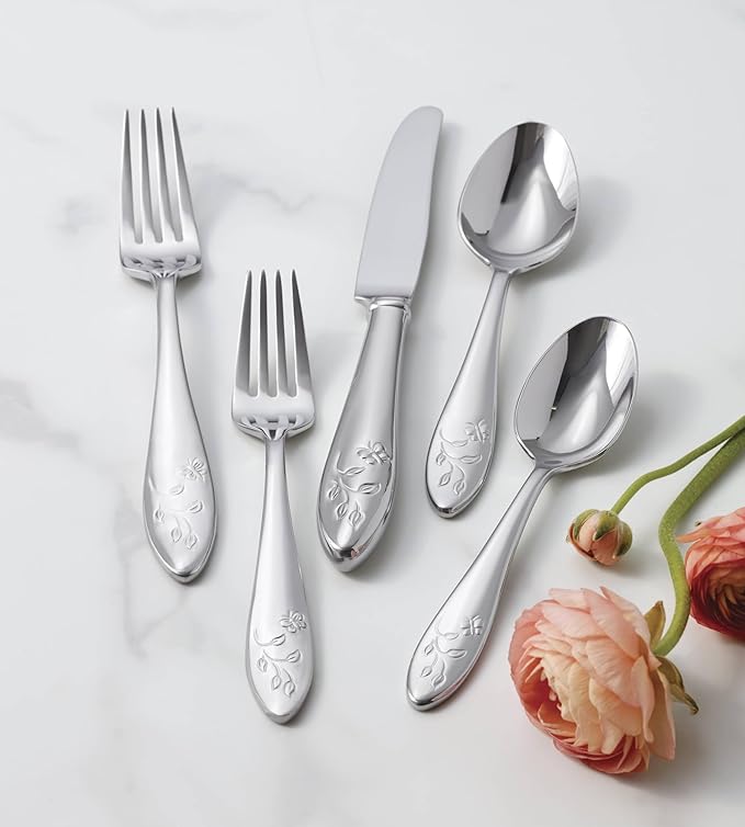 Lenox Silverware Set For 12, Butterfly Meadow 65-Piece Flatware Set, Service For 12, 18/10 Stainless Steel, Dishwasher Safe, Butterfly and Flower Motif, Includes Serving Utensils (Silver, 65 Piece)