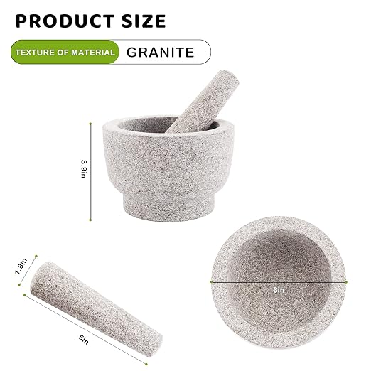 Mortar and Pestle Set,Heavy Duty,Unpolished Granite,6 Inch-2Cup Capacity,Grinder for Spices and Seeds,Grinding,Crushing and Mashing Spices,Nuts,for Guacamole,Garlic Sauce,Gray.