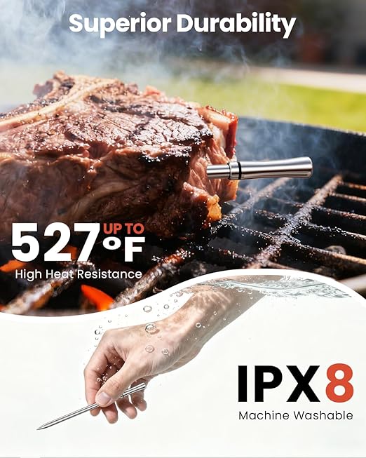 Wireless Bluetooth Smart Meat Thermometer: ±0.5°F Precision, 1 Probe with 6 Sensors - WiFi Thermometer NIST Certified Accuracy, LED Smart Base, Long-Range for BBQ, Oven, Smoker, Rotisserie