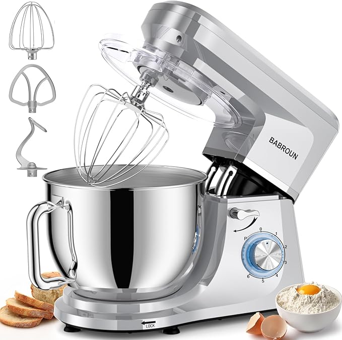 Dough Mixer 8.45 QT Electric Mixer - 660W 6 Speed Large Capacity Kitchen Stand Mixer with Whisk Dough Hook Mixing Beater Household Food Mixer for Baking Cakes Cookie Bread Salad (Silver)